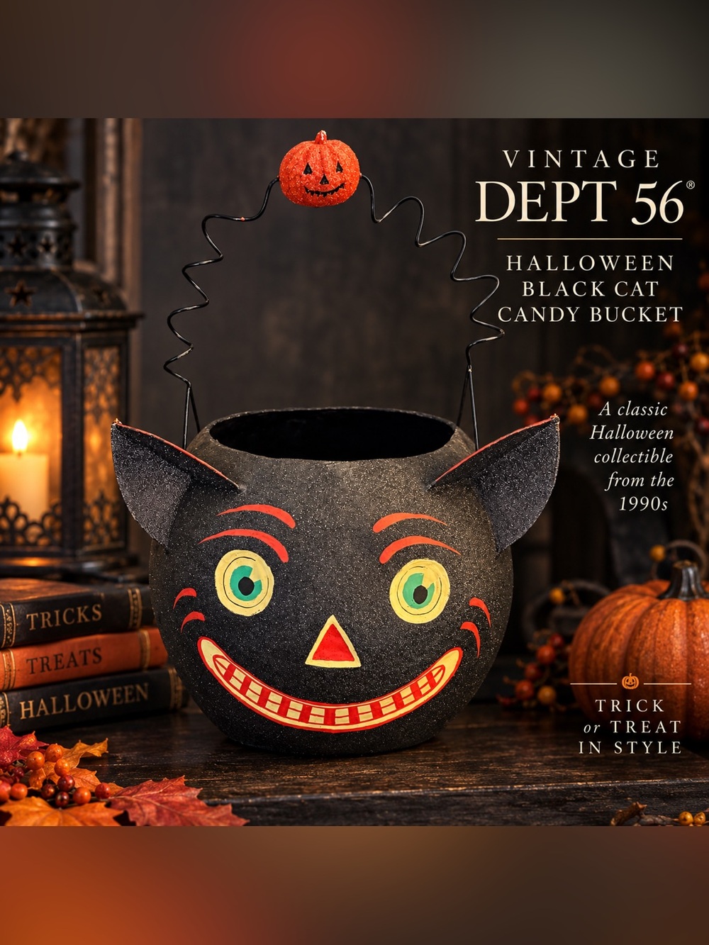Dept 56 Halloween Black Glitter Cat Candy Bucket Paper Mache VTG 1990’s